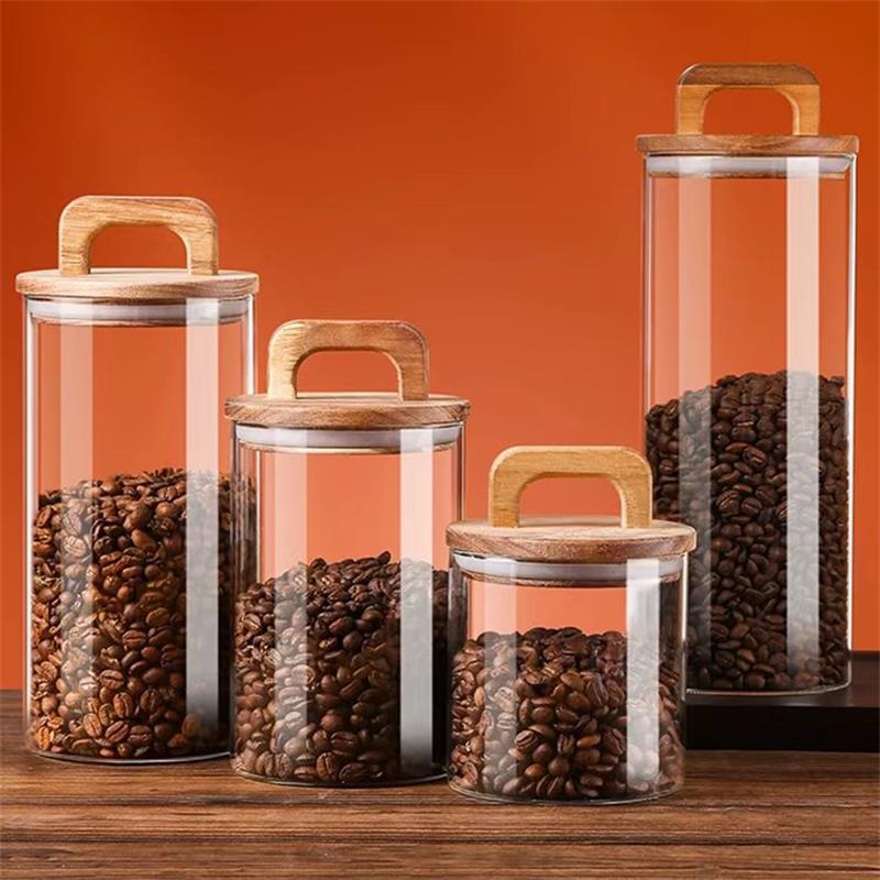 Canister Coffee Sugar Tea - Przezroczysty szklany słoik z bambusową pokrywką
