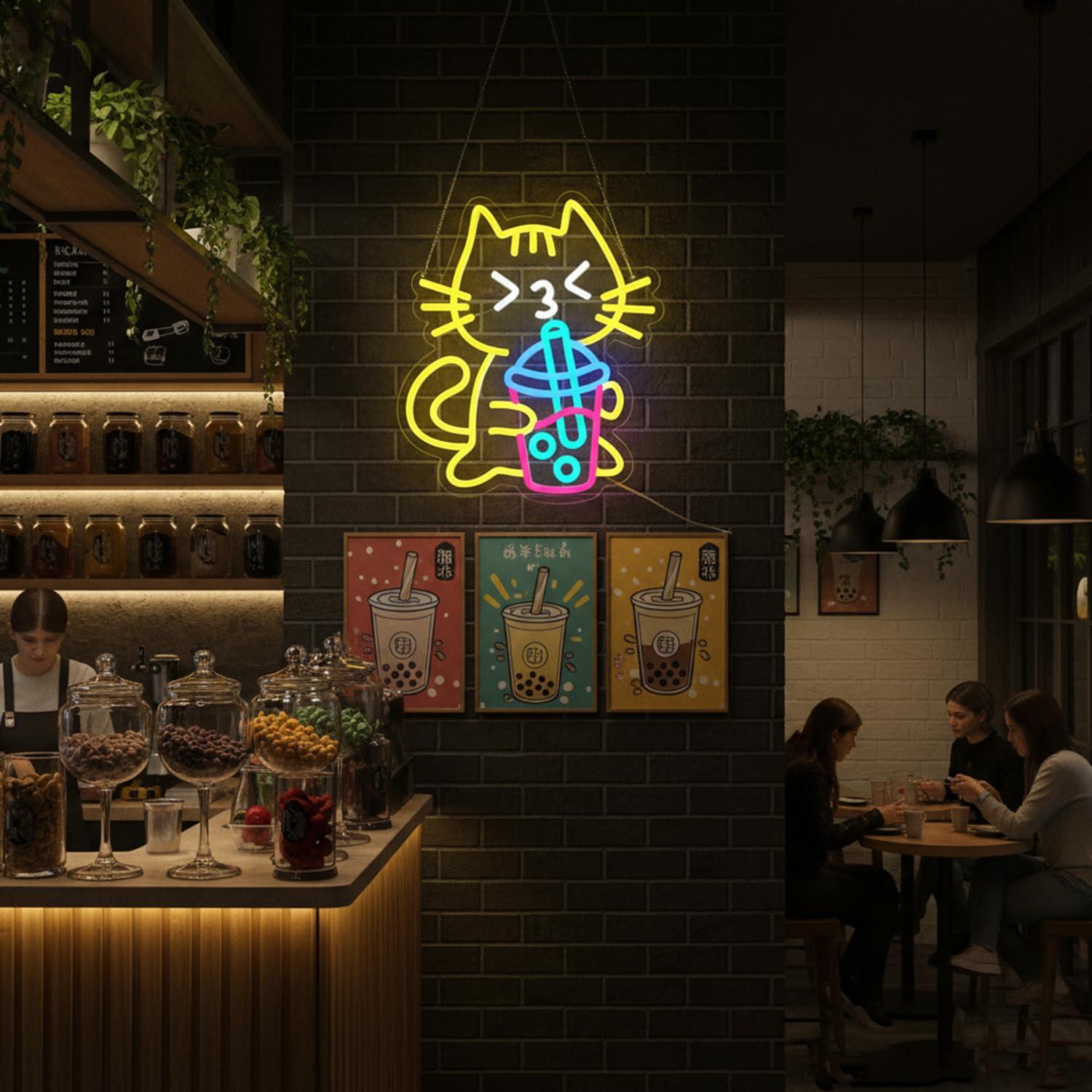 Neonowy szyld z kotem i herbat – Coffee Tea Boba recenzja i cena