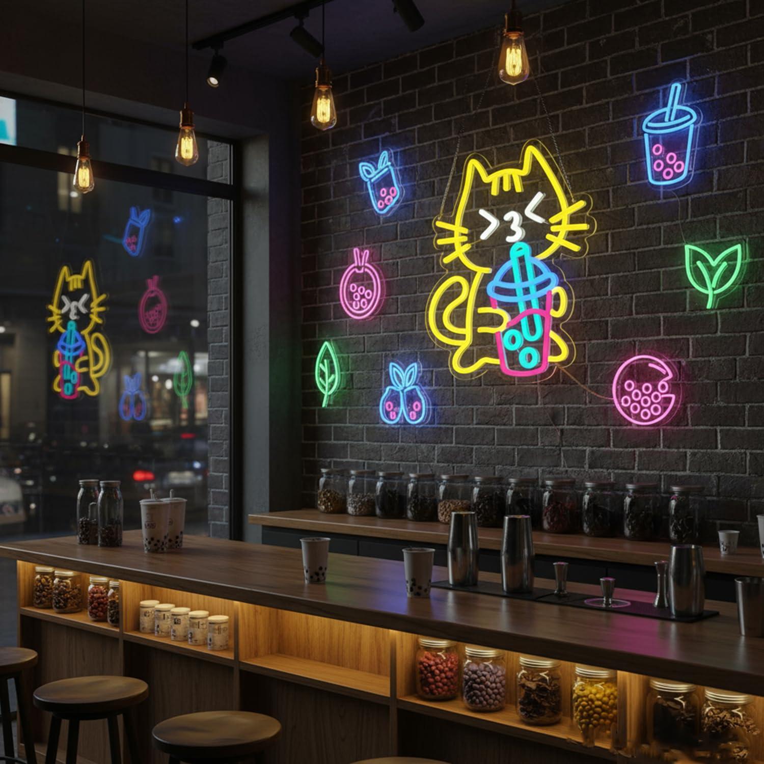 Neonowy szyld z kotem i herbat – Coffee Tea Boba recenzja i cena